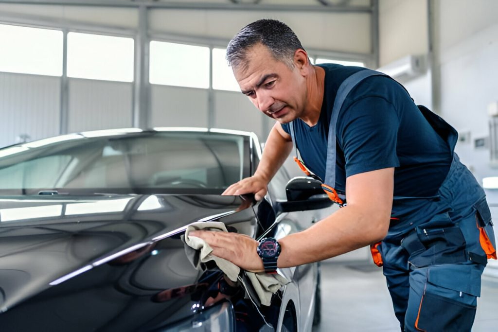 "A car with hail dents and seasonal weather damage."