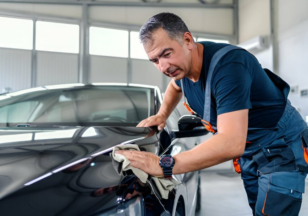 "A car with hail dents and seasonal weather damage."